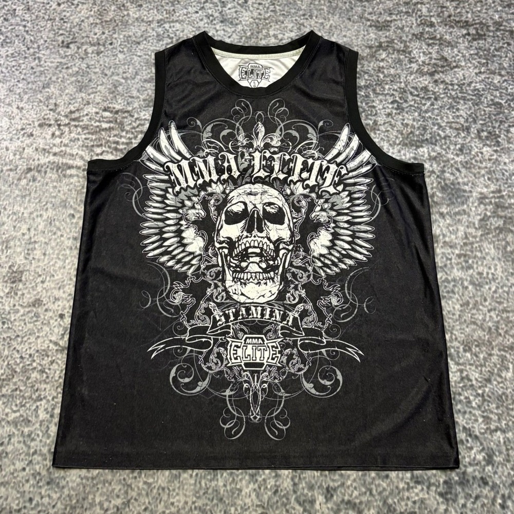 MMA Elite Shirt Sleeveless Mens Large Black Skull Wings Grunge Y2K